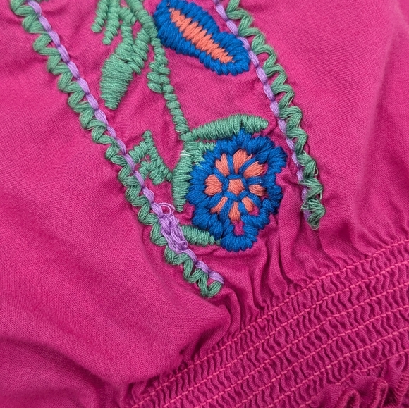 Boston Proper Pink Cotton Top Blouse Floral Embroidery Smocked Ruffle Spring 4 - Picture 9 of 11